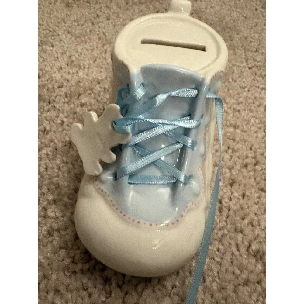 Ceramic Baby Shoe Coin‎ Bank NEW With Blue Lace Baptism Christening Birth Gift